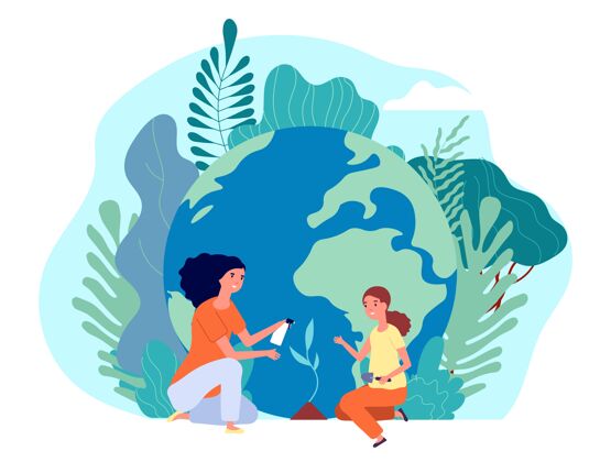 生长拯救地球环境日 生态妇女和女孩植树护理卡通环境