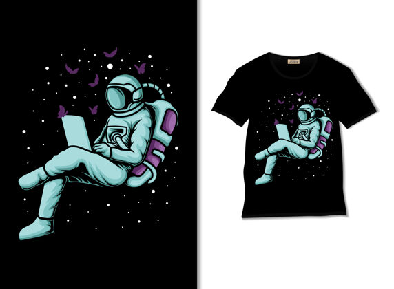 图形宇航员工作与蝴蝶在太空插图与t恤设计星系工作卡通
