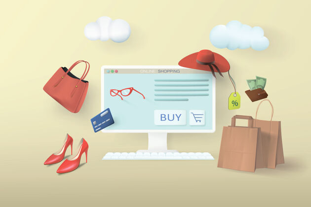 横幅网上购物商店就在你家里computer.web横幅与现实的货物和袋子和概念云计算机服务技术