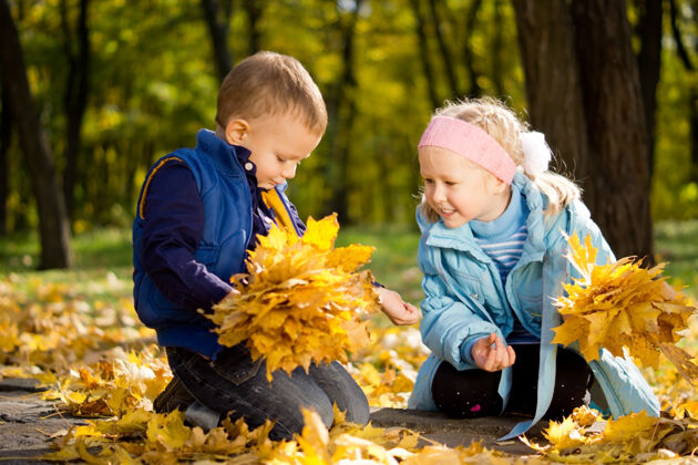 玩耍美丽的弟弟妹妹在秋天的树林里跪在五颜六色的黄色落叶中放松季节一起