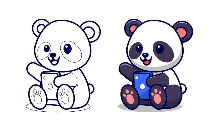 熊猫可爱的熊猫手持手机卡通彩页给孩子们移动扁平套装