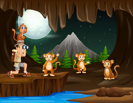 地下晚上带着四只猴子在洞穴里的探险家男孩地面黑暗自然