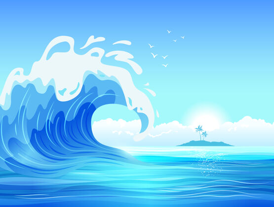 漂浮大海浪与热带岛屿平面图海洋航海冲浪