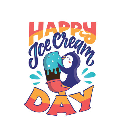 冰淇淋企鹅宝宝抱着一个大冰激凌 嘴里咬着一句话——冰激凌日快乐积极的企鹅动物