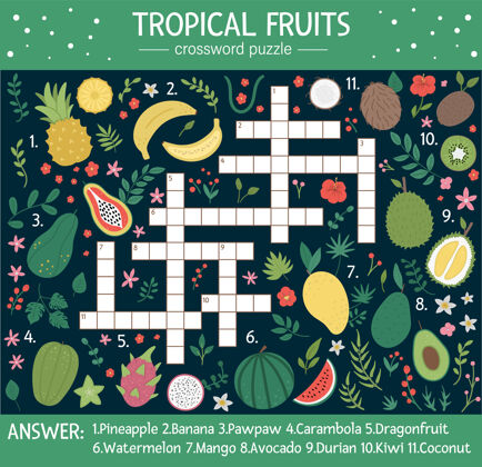 菠萝夏季填字游戏孩子们测验热带水果儿童教育丛林活动与可爱的食物元素空白异国情调热带