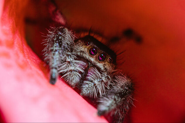 花瓣特写宏观拍摄的一个女富豪跳蜘蛛的花瓣昆虫美丽雌性