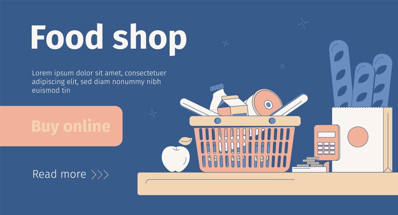 网上网上食品店扁平横幅与篮子和袋与产品在收银台上包平面风格横幅