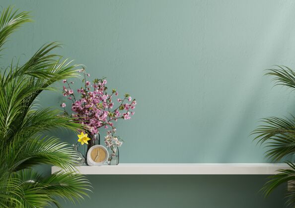 房间带绿色植物和装饰的内墙 浅绿色墙壁和架子3d渲染时尚自然最小