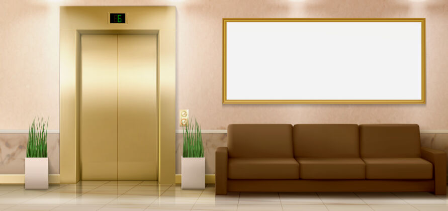 墙壁大厅内部有金色电梯门沙发和空横幅大厅与封闭电梯大门舒适区域