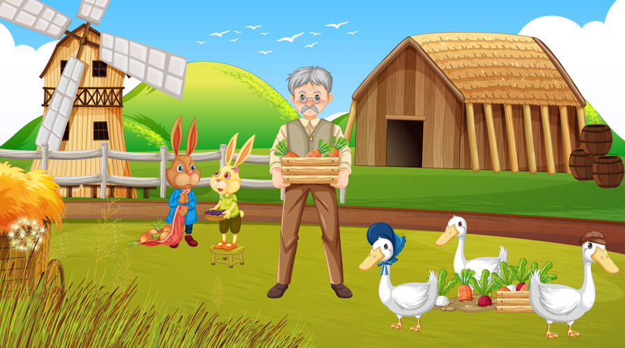 动物老农夫和农场动物的农场场景卡通生活生态