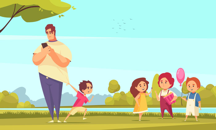 走路爸爸看着智能手机 孩子拖着他去公园散步手机拖拉纸箱