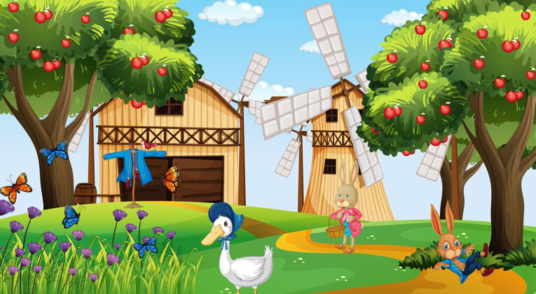 环境农场在白天的场景与兔子和鸭子卡通人物动物活着动物