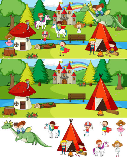系列一组不同的水平场景与涂鸦儿童卡通人物孩子风景树