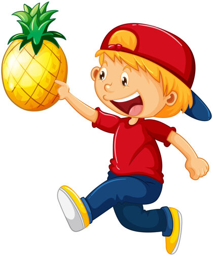 菠萝一个男孩拿着菠萝卡通人物隔离在白色情感学校生活