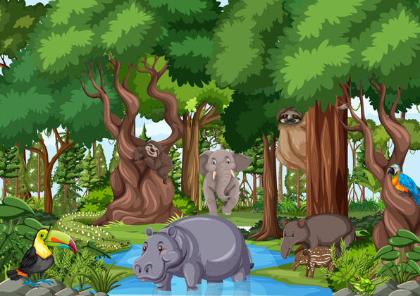 空的森林里的野生动物卡通人物外面非洲动物