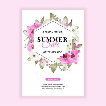 横幅模板夏季销售横幅传单与兰花粉色水彩画绿化传单水彩