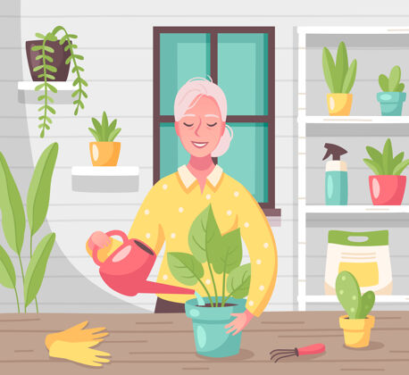 架子业余爱好自由时间休闲活动平面组成与女人照顾室内植物手套享受种植