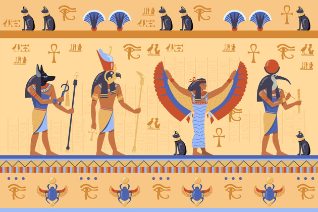 神圣古埃及的神灵 带有象形文字卡通插图眼睛猫上帝