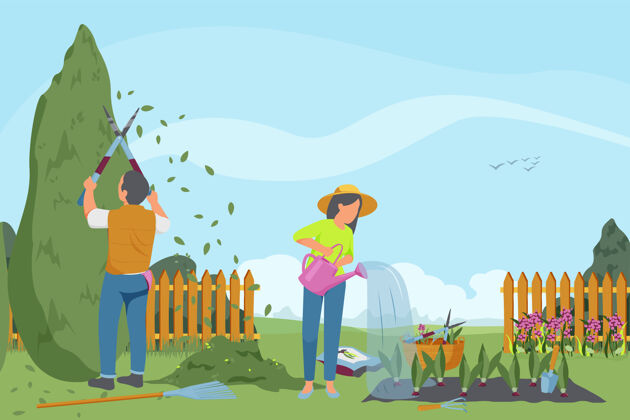 工春季园艺平面组成 具有园丁工作的特点 在户外花园景观中种植蔬菜园字菜