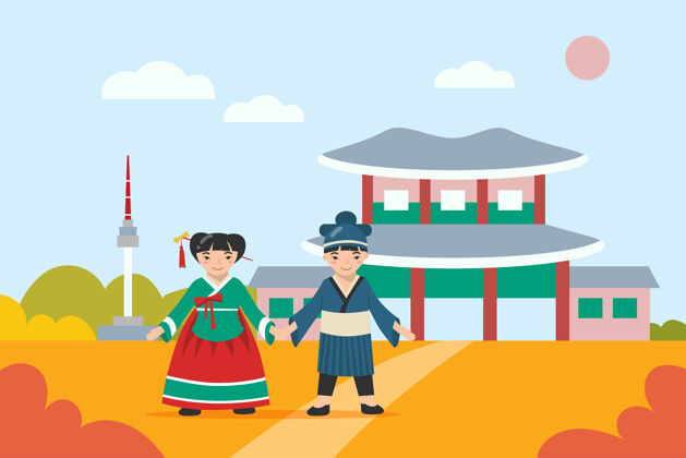 中国穿着传统服装的亚洲男孩和女孩手牵手日本人亚洲