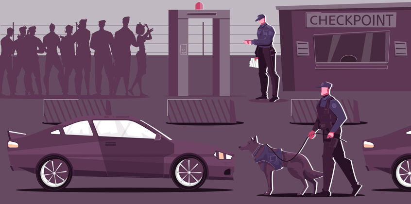 狗户外边防检查站与行人和汽车插图行人汽车单位