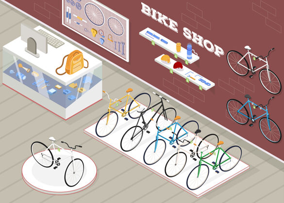 等距自行车商店等轴测图与自行车配件和设备自行车购物销售