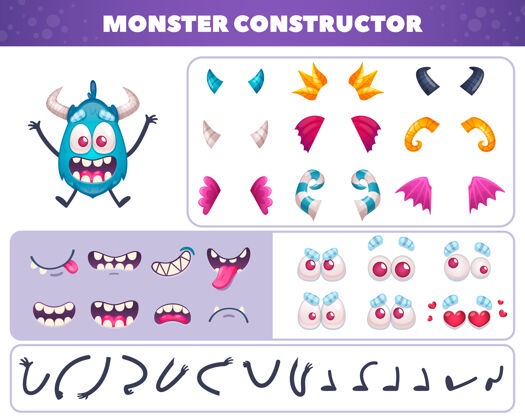 创造卡通怪兽表情工具包的孤立元素创造有趣的涂鸦人物与眼睛和嘴巴人物动画怪物