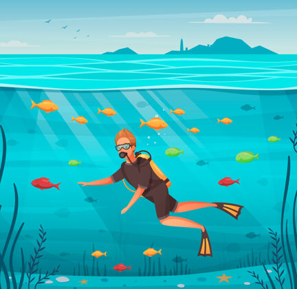 鱼男人潜水被五颜六色的鱼包围卡通活动潜水卡通