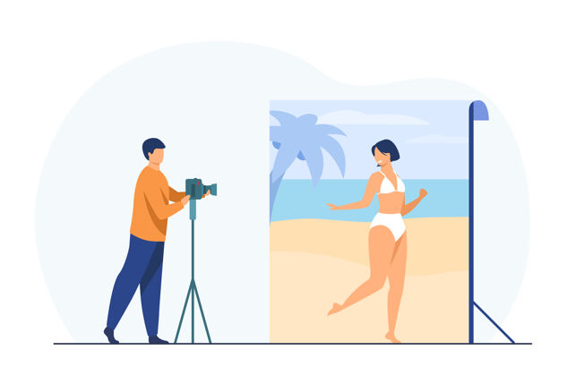 比基尼在海滩上摆姿势的女人的照片相机房间会议