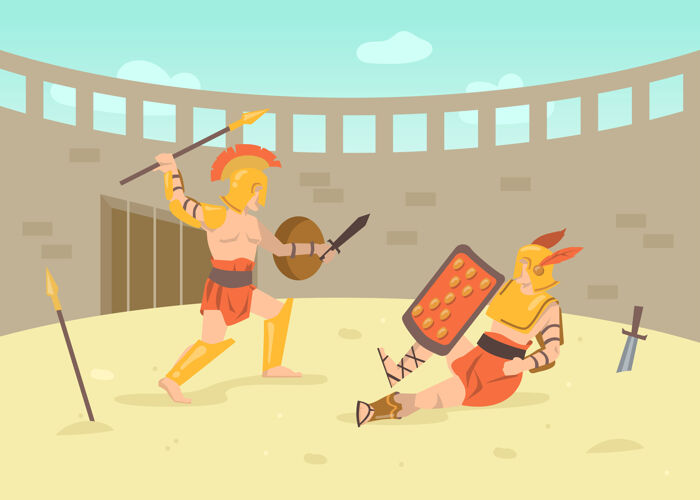 军队两个罗马装甲战士在竞技场上用剑战斗卡通插图角斗士在古罗马竞技场战斗古历史 古文化 战斗观念古公民竞技场
