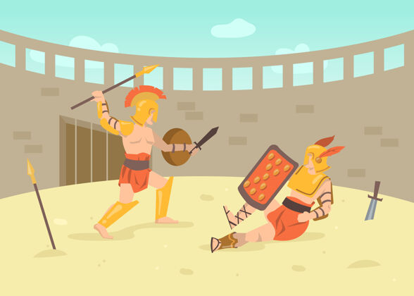 军队两个罗马装甲战士在竞技场上用剑战斗卡通插图角斗士在古罗马竞技场战斗古历史 古文化 战斗观念古公民竞技场