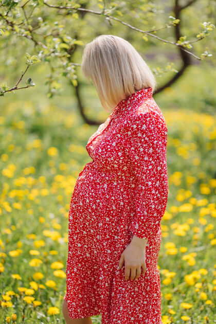 女性美丽的孕妇穿着红裙子在公园里放松花草地手