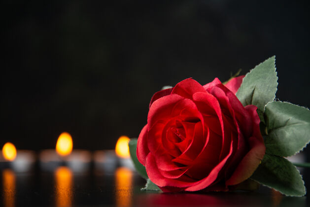 爱燃烧的蜡烛作为黑色表面上坠落的记忆的正面视图花玫瑰花瓣
