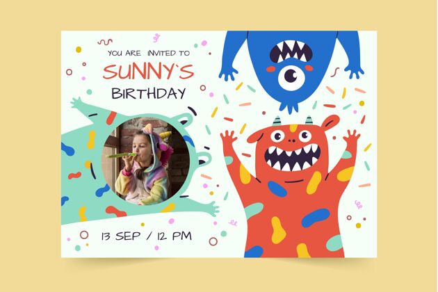 生日手绘怪物生日请柬与照片模板准备打印请柬小孩生日聚会