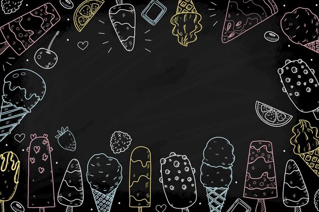 夏天手绘彩色冰淇淋黑板背景可口冰淇淋凉爽