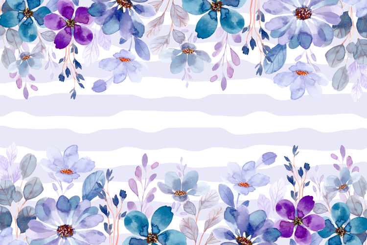 水彩蓝紫色花园水彩背景花花叶