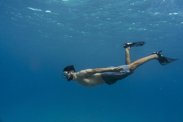 水下在水下用脚蹼自由潜水海洋水游泳