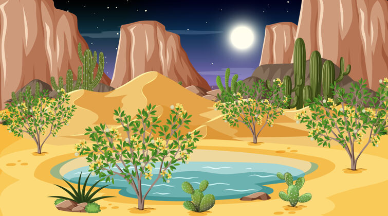 卡通沙漠森林景观与绿洲夜景沙子风景外面