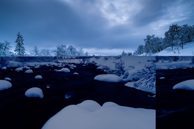 雪这条河上有雪 附近的森林冬天在瑞典被雪覆盖森林河流下雪