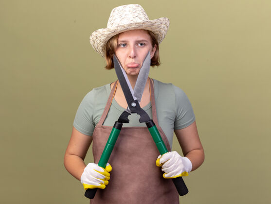 年轻悲伤的年轻斯拉夫女园丁戴着园艺帽和手套手持园艺剪刀在橄榄绿上斯拉夫女性橄榄
