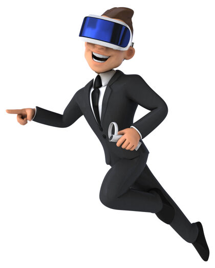 数码有趣的三维卡通商人与虚拟现实头盔插图科技耳机虚拟现实