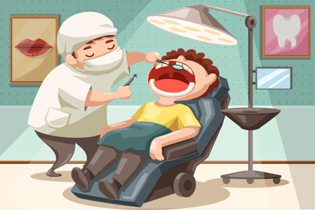 正畸牙科医生躺在牙科诊所的牙科椅上 正在检查病人口腔中的牙齿 卡通人物检查男性诊所