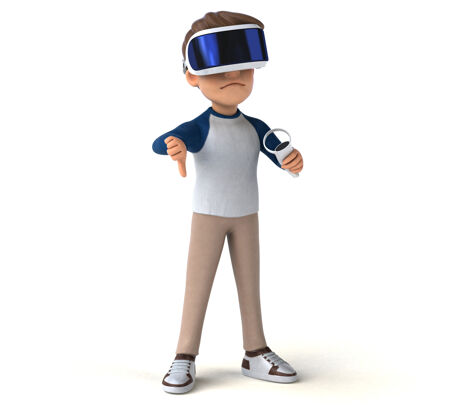 耳机有趣的三维卡通儿童与虚拟现实头盔插图男孩体验视频