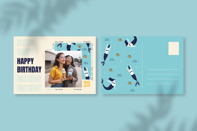 周年纪念现代手绘美人鱼生日明信片准备打印快乐庆祝