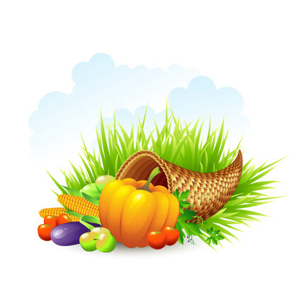 水果感恩节插画与柳条篮子和蔬菜庆祝篮子收获