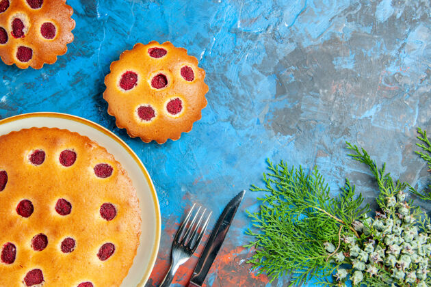 食物树莓蛋糕和树枝的俯视图地点南瓜覆盆子蛋糕