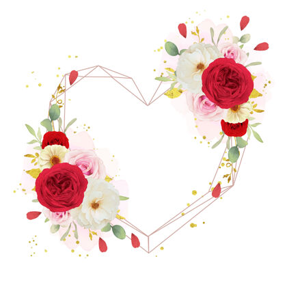 婚礼爱花环与水彩粉白色和红色玫瑰优雅绘图分支