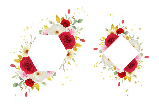芽美丽的花卉框架与水彩粉白色和红色玫瑰玫瑰绿色情人节
