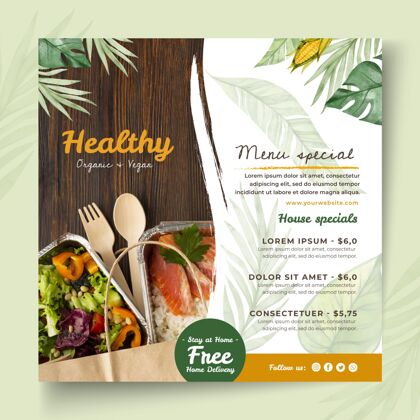 美食生物和健康食品方形传单模板健康准备打印广场