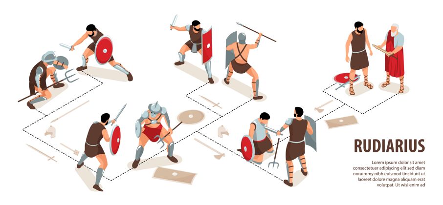 字符等轴测古罗马角斗士与可编辑的文本和流程图与人类角色的鲁迪亚里乌斯战士插图信息图形人流程图战士
